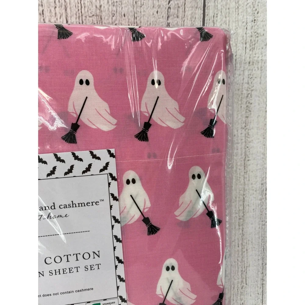 Cupcakes and Cashmere Sheet Set QUEEN Pink Ghost Halloween 100% Cotton Whimsical